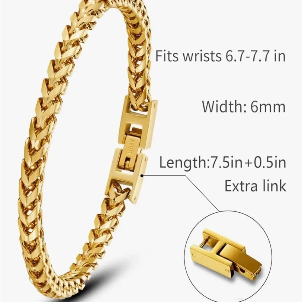 14K Gold Franco Chain Bracelet 6MM Stainless Steel Fold Over Clasp Heavy Link